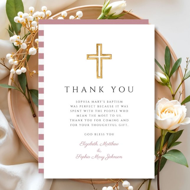 Cartão De Agradecimento Batismo religioso entre as Raparigas Rosa Elegante (Elegant Pink Stripes Religious Cross Girl Baptism Thank You Card)