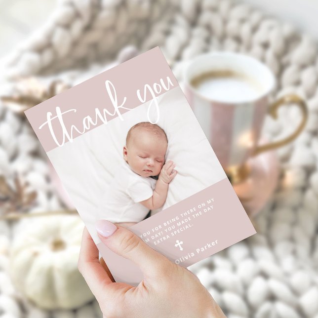 Cartão De Agradecimento Batismo | Rosa Mínimo Simples com Foto (An elegant, blush pink Baptism thank you card with photo and a cross)