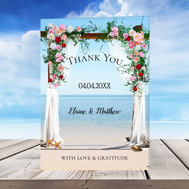 Cartão De Agradecimento Beach Arbor Foto de casamento Obrigado Nota (Wedding Thank You note card featuring a floral arbor with roses on the beach and your custom photo)