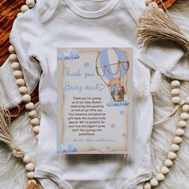 Cartão De Agradecimento Bear Chá de fraldas de balão de ar quente bege azu (Criador carregado)