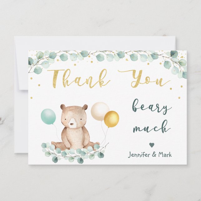 Cartão De Agradecimento Bear Greenere Dourado Chá de fraldas Obrigado (Frente)
