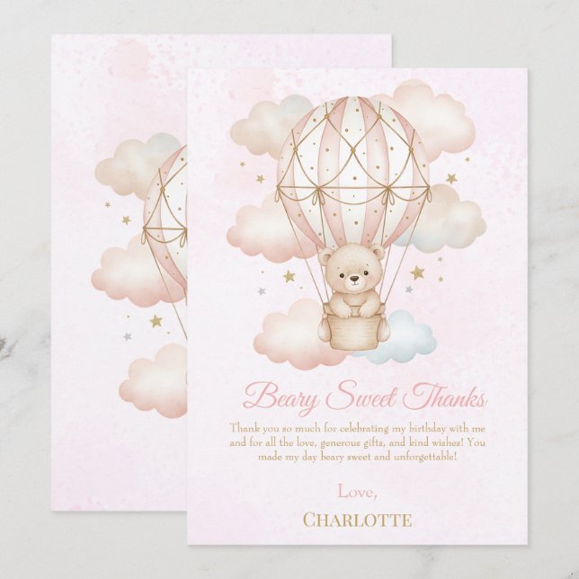 Cartão De Agradecimento Beary Sweet Balão de Ar Quente 1º Aniversário  (Frente/Verso)