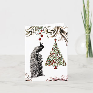 Cartão De Agradecimento Beautiful Peacock and Christmas Tree Holiday