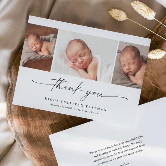 Cartão De Agradecimento Bebê de Colagem de Fotos de Script Simples (Elegant modern script 3 photo collage baby thank you announcement card.)