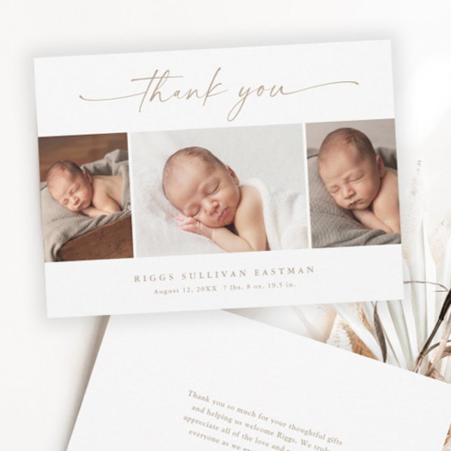 Cartão De Agradecimento Bebê de Colagem de Fotos de Script Simples (Elegant Gold Script 3 Photo Collage Baby Thank You Cards.)
