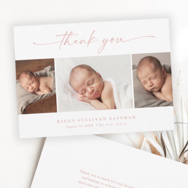 Cartão De Agradecimento Bebê de Colagem de Fotos de Script Simples (Elegant Dusty Pink Script 3 Photo Collage Baby Thank You Cards.)