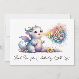 Cartão De Agradecimento Bebê Dragão A Respirar Fogo Floral Obrigado