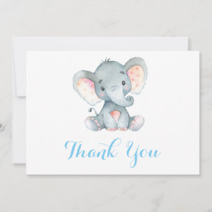 Cartão De Agradecimento Bebê Elefante Bonito Menino Azul e Cinza