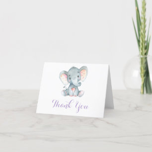 Cartão De Agradecimento Bebê Elefante Fofo Menina Roxo e Cinza