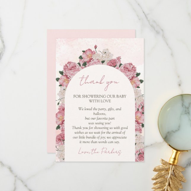 Cartão De Agradecimento Bebê em Floral Rosa-Chá de fraldas (Frente/Verso In Situ)
