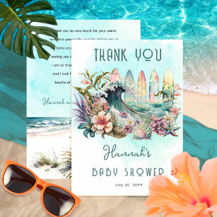 Cartão De Agradecimento Bebê no Conselho Tropical Surfing Floral Chá de fr