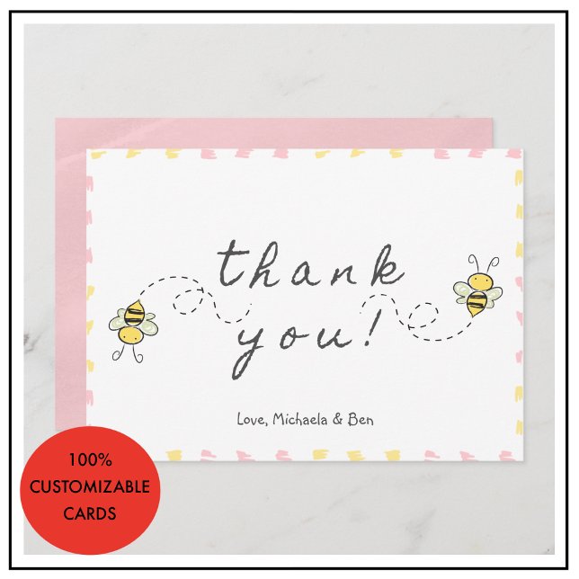 Cartão De Agradecimento Bebê, obrigado, Chá de fraldas, garota bonita ador (Bee thank you cards Baby Shower Cute)