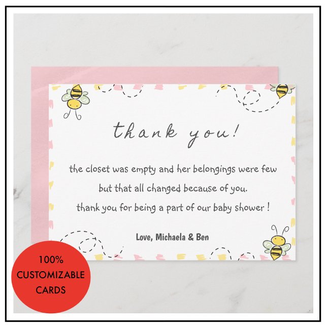 Cartão De Agradecimento Bebê, obrigado, Chá de fraldas Mamãe para ser. (Bee thank you cards,Baby Shower Cute Pink)