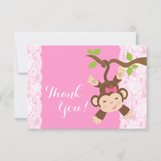 Cartão De Agradecimento Bebê Rosa Lace Macaco Obrigado (Frente)