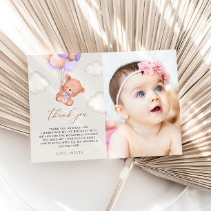 Cartão De Agradecimento Bebê Urso, Balões Roxos, Primeiro Aniversário