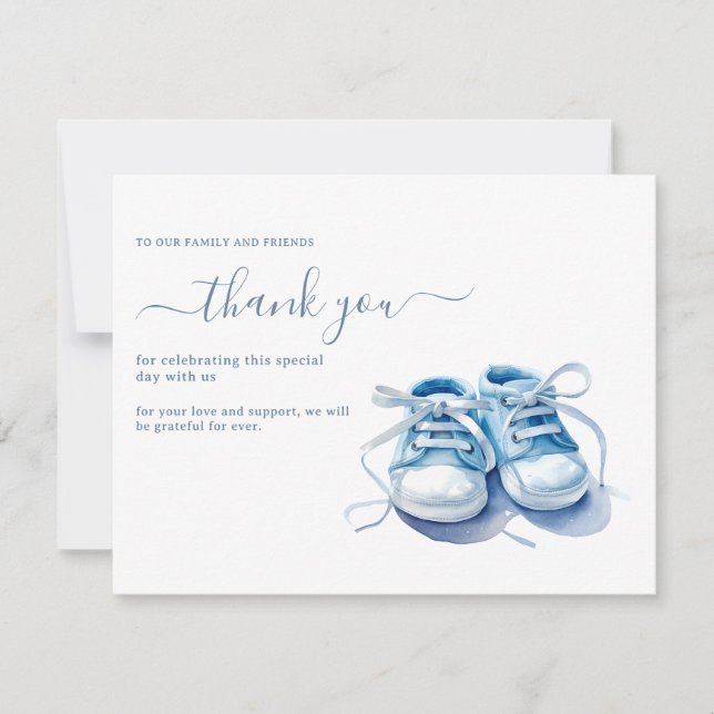 Cartão De Agradecimento Bebês tênis Chá de fraldas Convite, Menino (Frente)