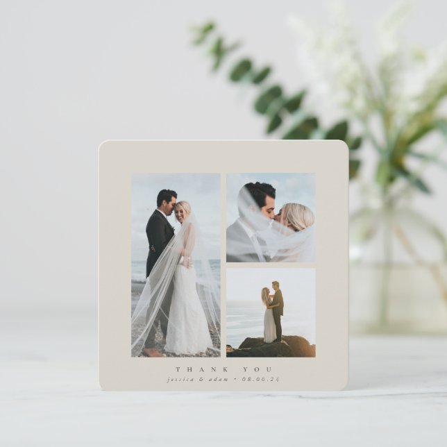 Cartão De Agradecimento Beige Elegant Square Three Photo Wedding Flat (Em pé/Frente)