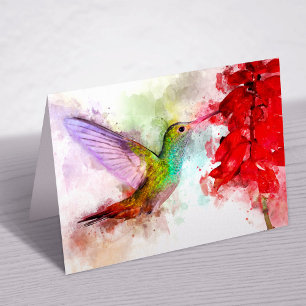 Cartão De Agradecimento Beija-flor em Aquarela se Alimentando de Flor Verm