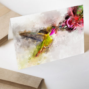 Cartão De Agradecimento Beija-flor se Alimentando de Flor Rosa Aquarela
