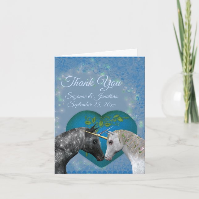 Cartão De Agradecimento Beijar Casamento Coração de Unicórnios (Frente)