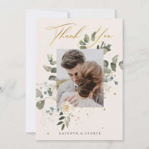 Cartão De Agradecimento Bela Fotografia de Casamento com Caligrafia Dourad