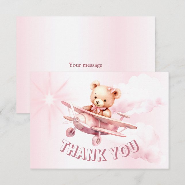 Cartão De Agradecimento Bela Menina Bear Piloto Rosa Avião Rosa Bonito (Frente/Verso)