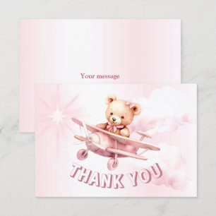 Cartão De Agradecimento Bela Menina Bear Piloto Rosa Avião Rosa Bonito