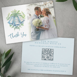 Cartão De Agradecimento Belga azul verde foto de casamento da cinza QR Cod