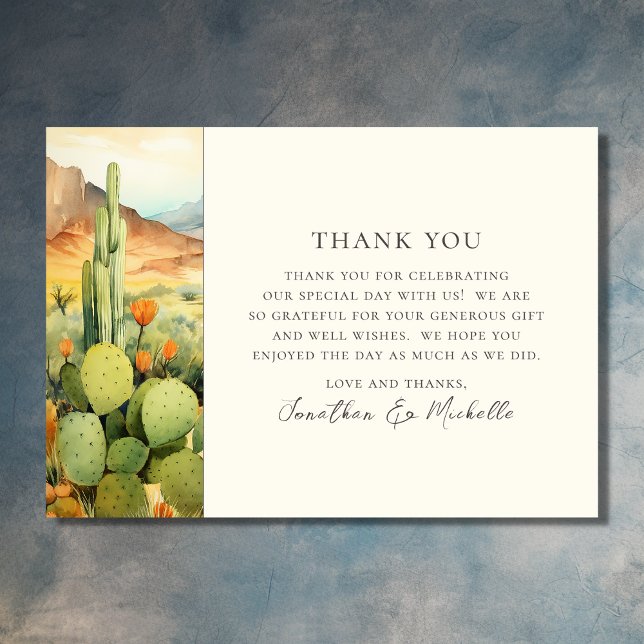 Cartão De Agradecimento Belo Casamento de Cactus Desert Watercolor (Front - Beautiful Watercolor Desert Cactus Wedding Thank You Card)