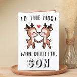 Cartão De Agradecimento Belo Funny Deer Buck Maravilhoso Filho Aniversário<br><div class="desc">Procurando uma maneira única de expressar seu amor e humor ao seu garotinho? Nosso cartão de saudação de trocadilho de veado é a escolha perfeita para qualquer filho no seu aniversário! Personalize-o adicionando sua própria mensagem pessoal. Design apresenta dois veados fofos e uma mensagem para o filho mais ganhador.</div>