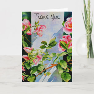 Cartão De Agradecimento Belo rosa, rosas vermelhas, floral de aquarela