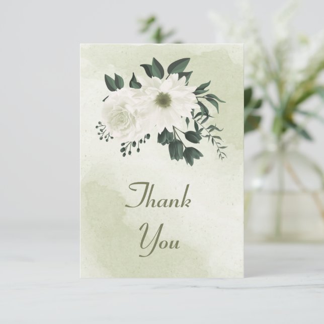 Cartão De Agradecimento belo verde floral branco (Em pé/Frente)
