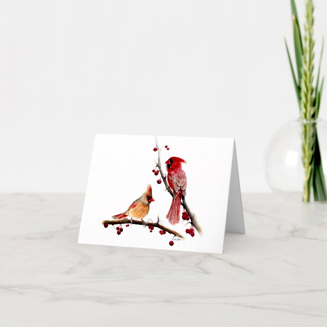 Cartão De Agradecimento Berries de Cardinhos de inverno (Beautiful cardinal pair watercolor thank you notes from Jenn Steffen Art)
