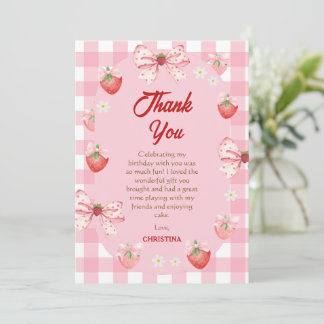 Cartão De Agradecimento Berry first birthday pink strawberry gingham sweet