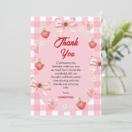 Cartão De Agradecimento Berry first birthday pink strawberry gingham sweet