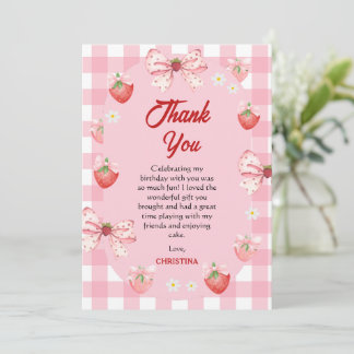 Cartão De Agradecimento Berry first birthday pink strawberry gingham sweet