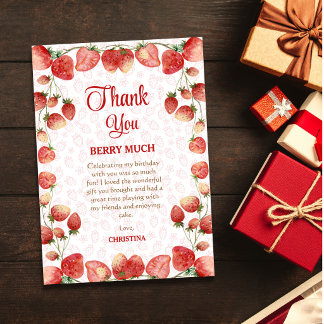 Cartão De Agradecimento Berry first birthday pink strawberry sweet girl