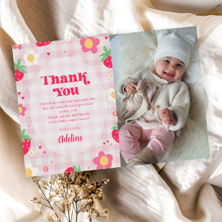 Cartão De Agradecimento Berry First Cute 1st Birthday Strawberry Photo