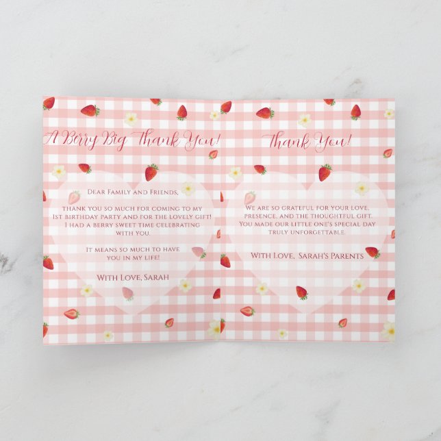 Cartão De Agradecimento Berry Sweet Strawberry 1st Birthday Photo Folded V (Interior)
