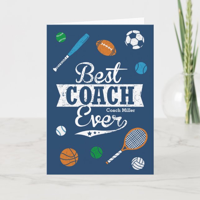 Cartão De Agradecimento Best Coach Ever com nome e equipamento desportivo (Frente)