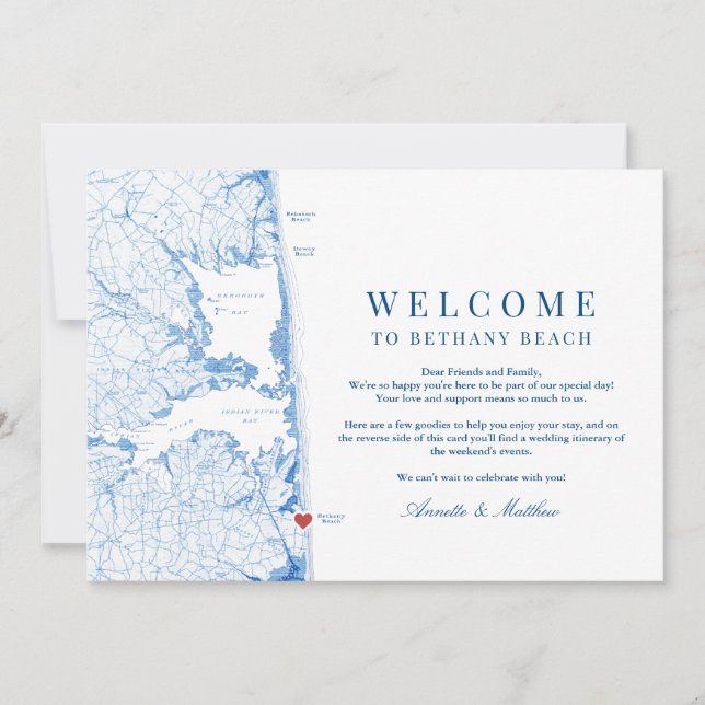 Cartão De Agradecimento Bethany Beach Blue Wedding Itinerário de Boas-vind (Frente)