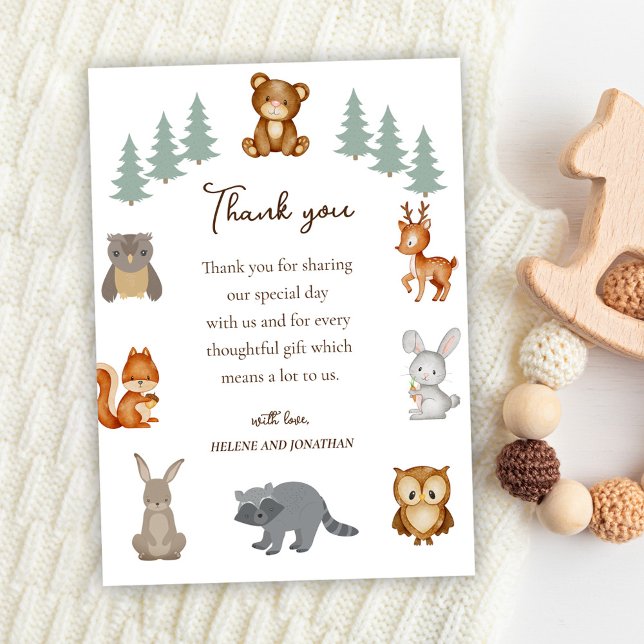 Cartão De Agradecimento Bichos-de-floresta-de-gato Chá de fraldas neutro (Cute Woodland Animals Gender Neutral Baby Shower Thank You Card)