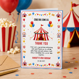Cartão De Agradecimento Bilhete de Circo Vermelho Moderno para 1º Aniversá