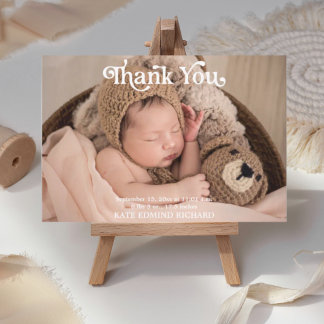 Cartão De Agradecimento Birth Stats 2 Photos Typography Baby Shower 