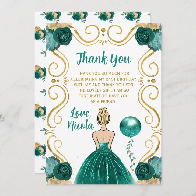 Cartão De Agradecimento Birthday Party Blonde Princess in Teal (Frente/Verso)