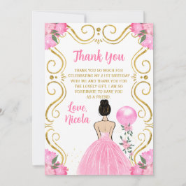 Cartão De Agradecimento Birthday Party Brown Hair Princess in Pink