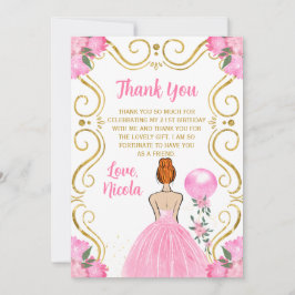 Cartão De Agradecimento Birthday Party Red Hair Princess in Pink