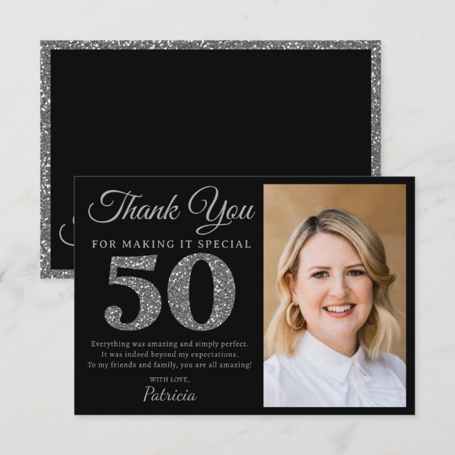 Cartão De Agradecimento Black And Silver Glitter 50th Birthday Party Photo (Frente/Verso)