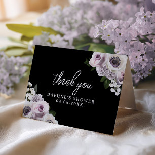 Cartão De Agradecimento Black Anemone & Floral Roxo Bridal Shower Dobrada