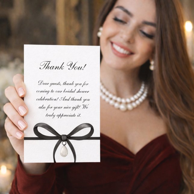 Cartão De Agradecimento Black Bow With Pearl Old Money Style Bridal Shower (Black Bow With Pearl Old Money Style Bridal Shower Thank You Card)